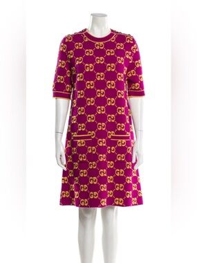 Gucci Fuchsia and Yellow Logo Knit A-Line Dress embedded button with Gucci Logo